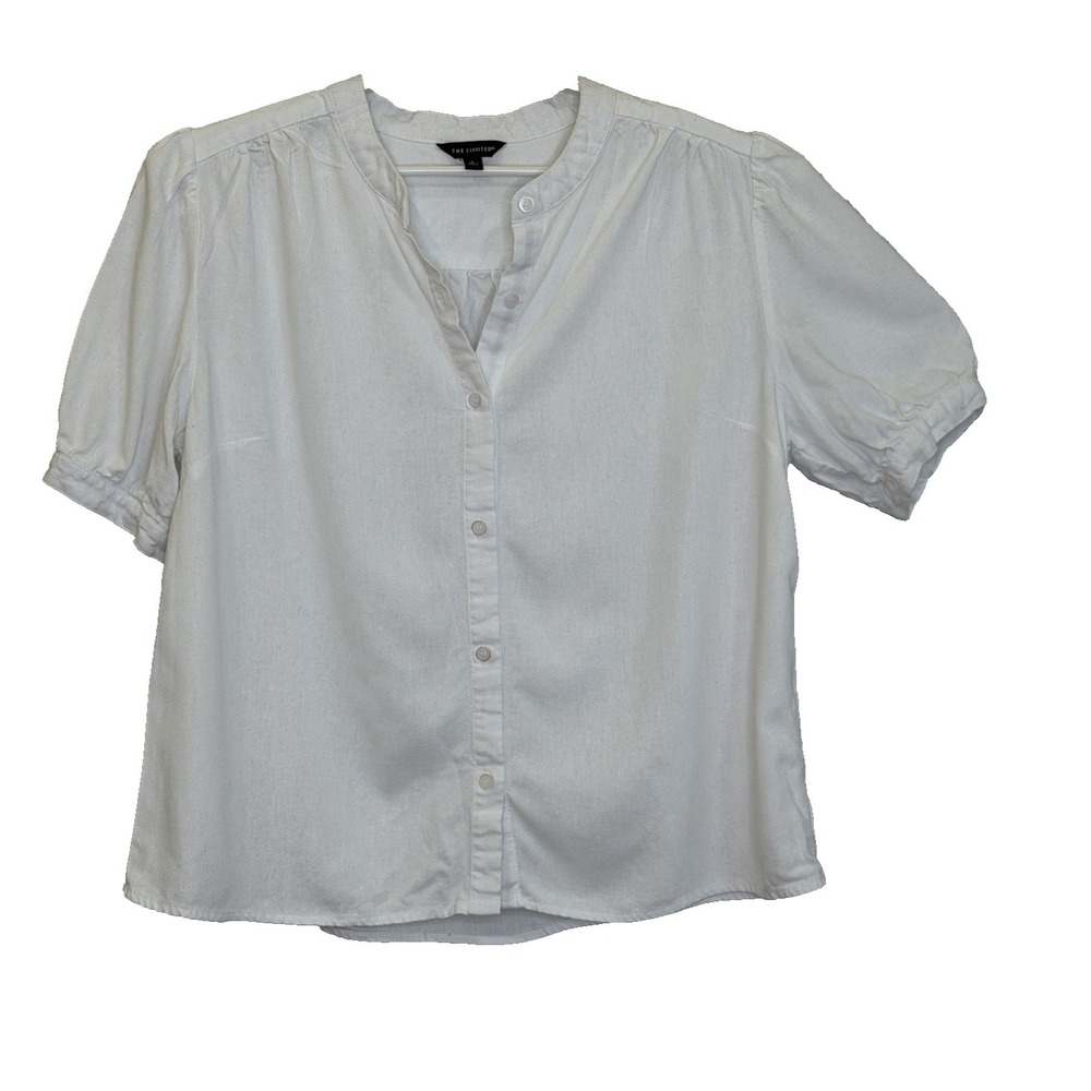 The Limited Button Front Top Womens Sz Large White Short Puff Sleeve Rayon Linen